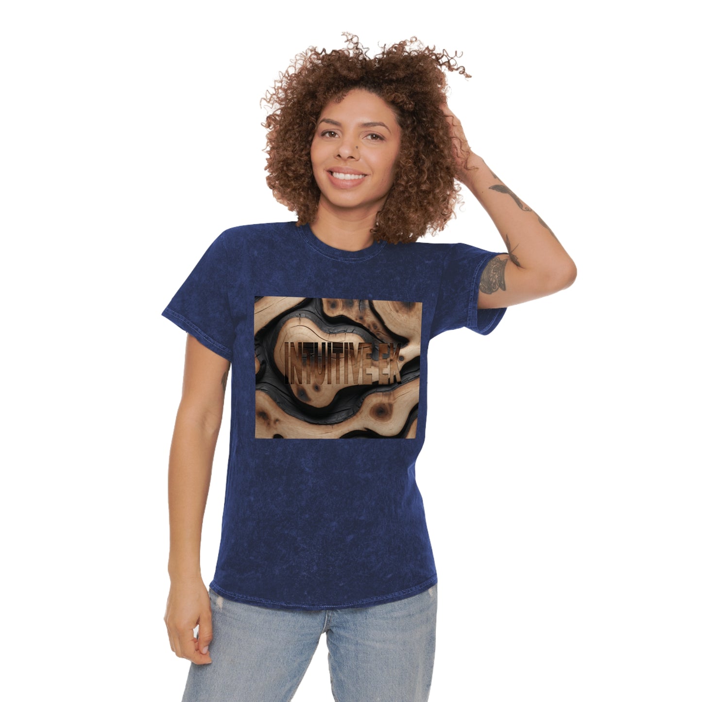 Rustic"INTUITIVE EK" Embossed Hand-Dyed T-Shirt | Vintage Wood Texture Design | 100% Cotton