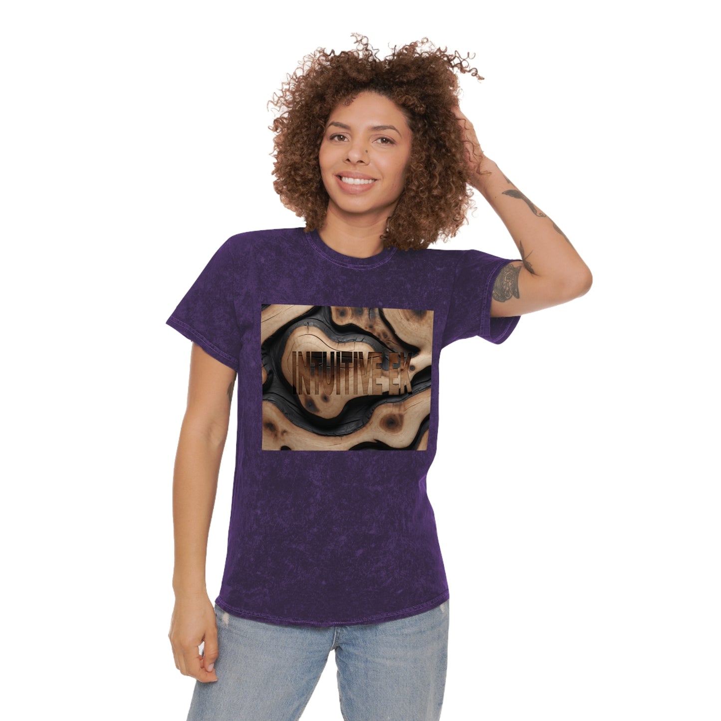 Rustic"INTUITIVE EK" Embossed Hand-Dyed T-Shirt | Vintage Wood Texture Design | 100% Cotton