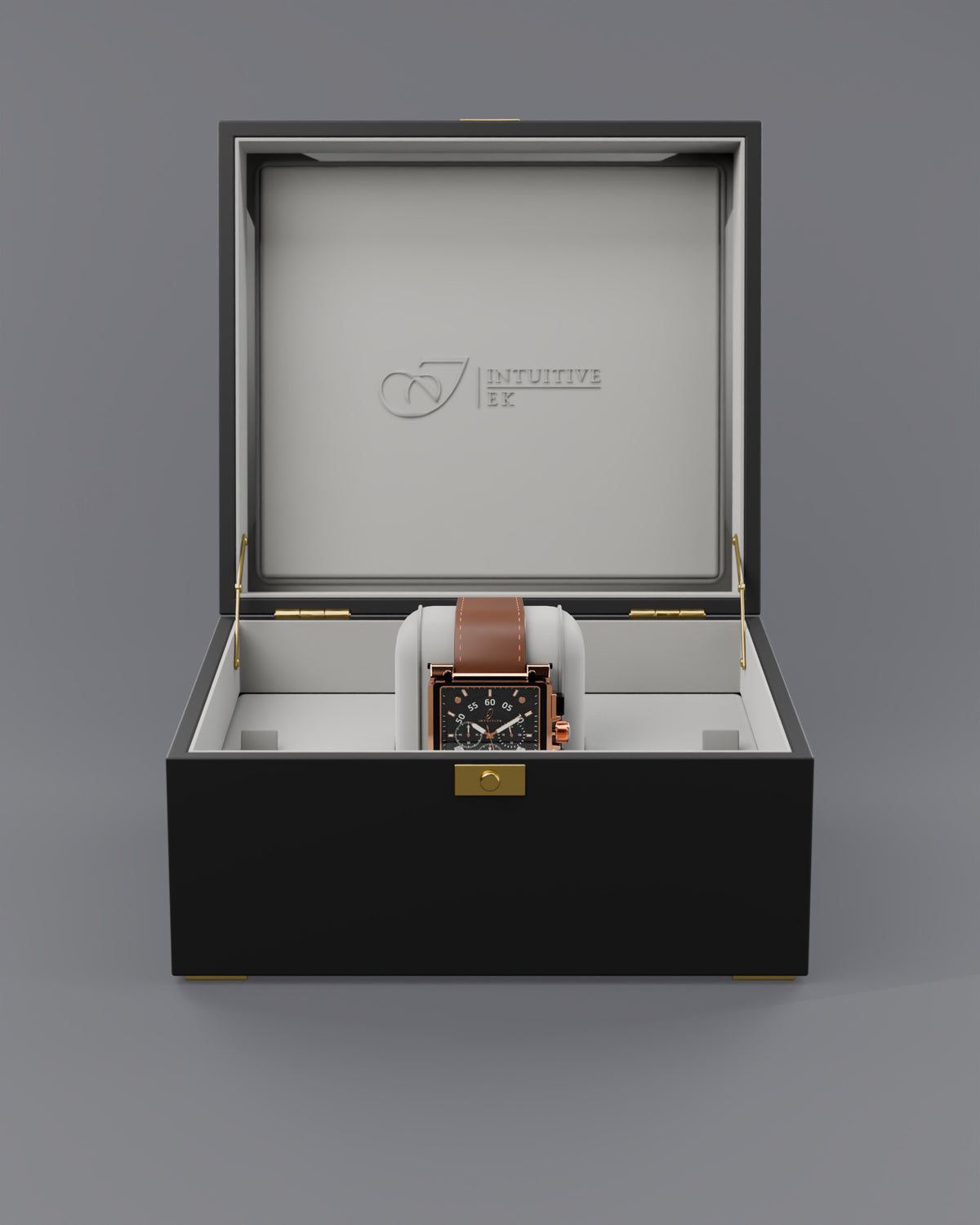 Front view of the open Intuitive EK presentation box with the EK77 watch