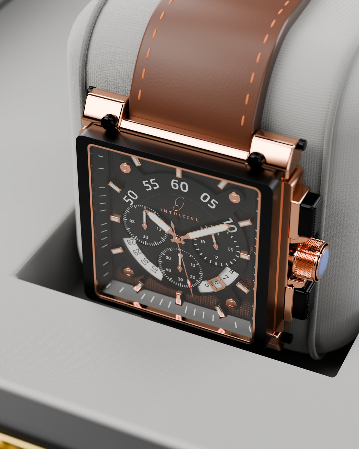 Intuitive EK77 rose gold chronograph resting on the grey cushion inside its open presentation box