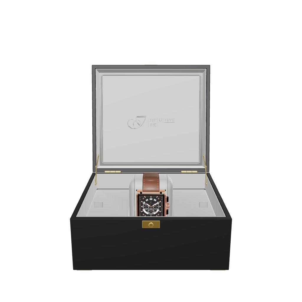 3D model of the open Intuitive EK presentation box with the EK77 watch on its grey cushion