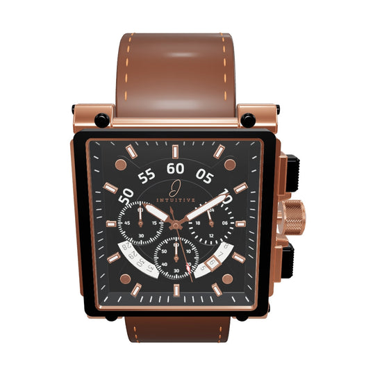 3D model of the Intuitive EK77 rose gold and black square chronograph with brown leather strap